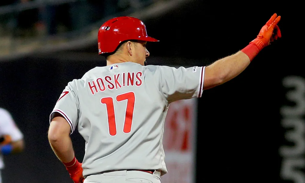 Rhys Hoskins trots home after hitting a home run for the Phillies.